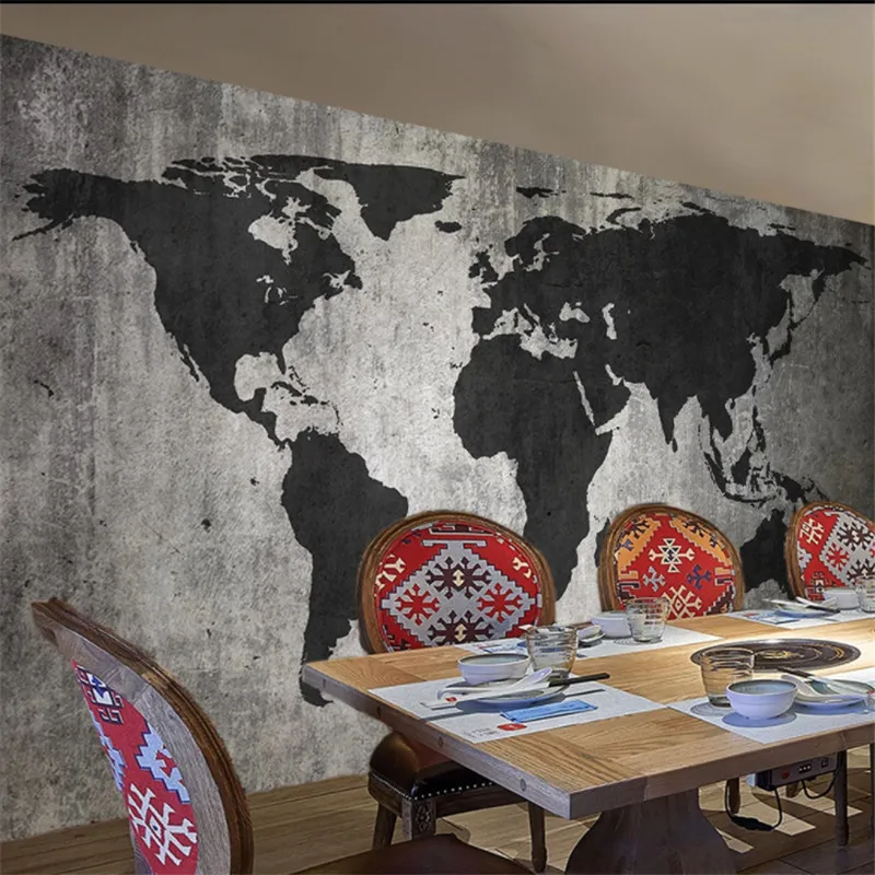 

Retro Personality Gray Cement Wall Background World Map Mural Wallpapers for Living Room Walls 3D Restaurant Decor Wall Paper 3D