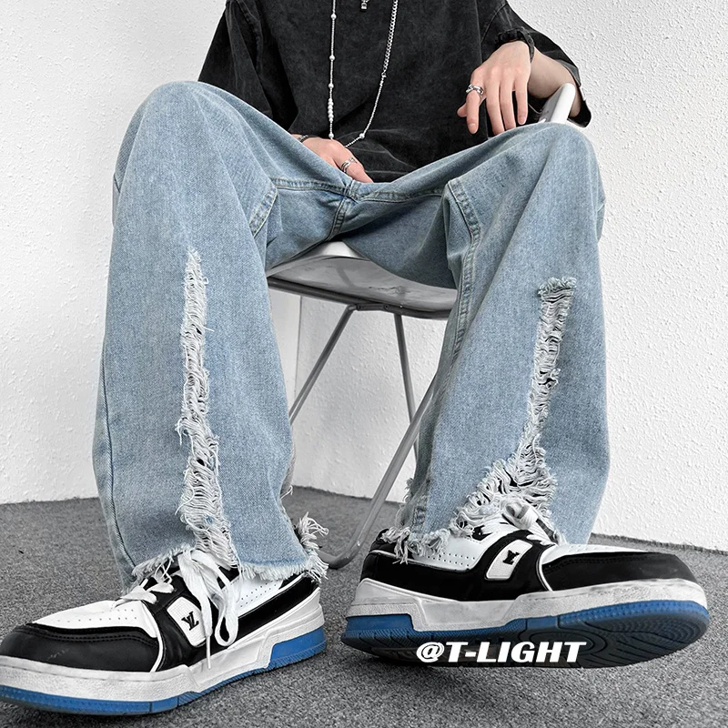 Summer Blue Ripped Baggy Jeans Men's Fashion Casual Straight Jeans Men Streetwear Hip Hop Loose Hole Denim Pants Mens Trousers