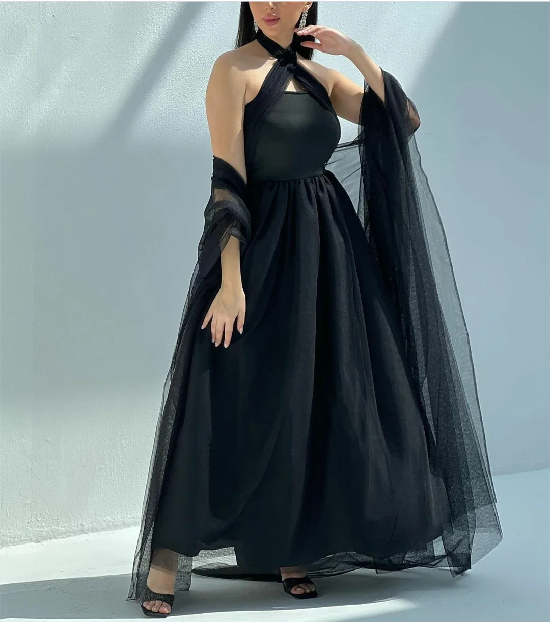 

Классические длинные черные вечерние платья из фатина, юбка трапециевидной формы в пол, женское платье для вечеринки