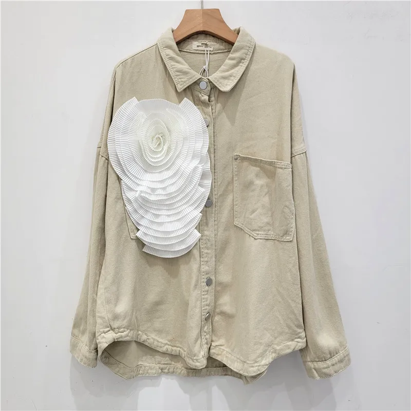 Женская джинсовая рубашка с длинным рукавом объемная плиссированная цветочным