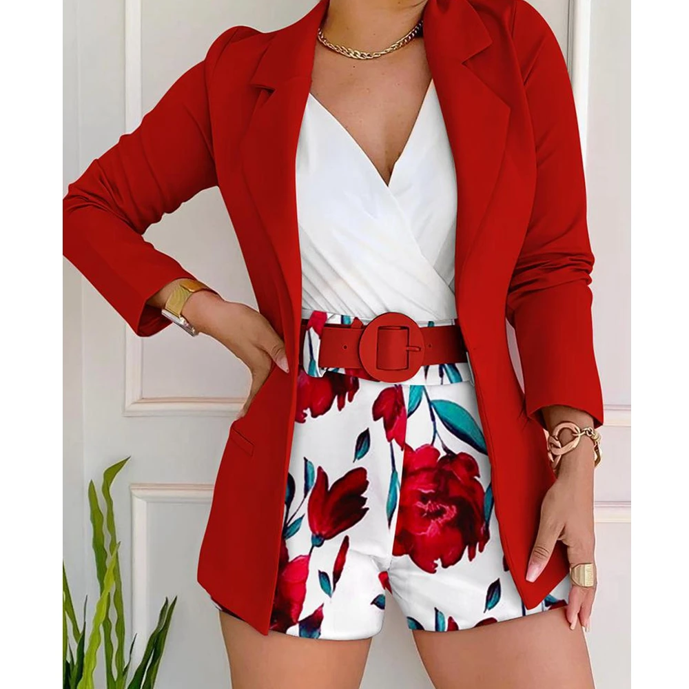 

Wepbel Printed Pants 2 Piece Sets Outfits Suit Solid Color Suit Coat Suits Women Plus Belt Long Sleeve Jackets Short Pants Sets