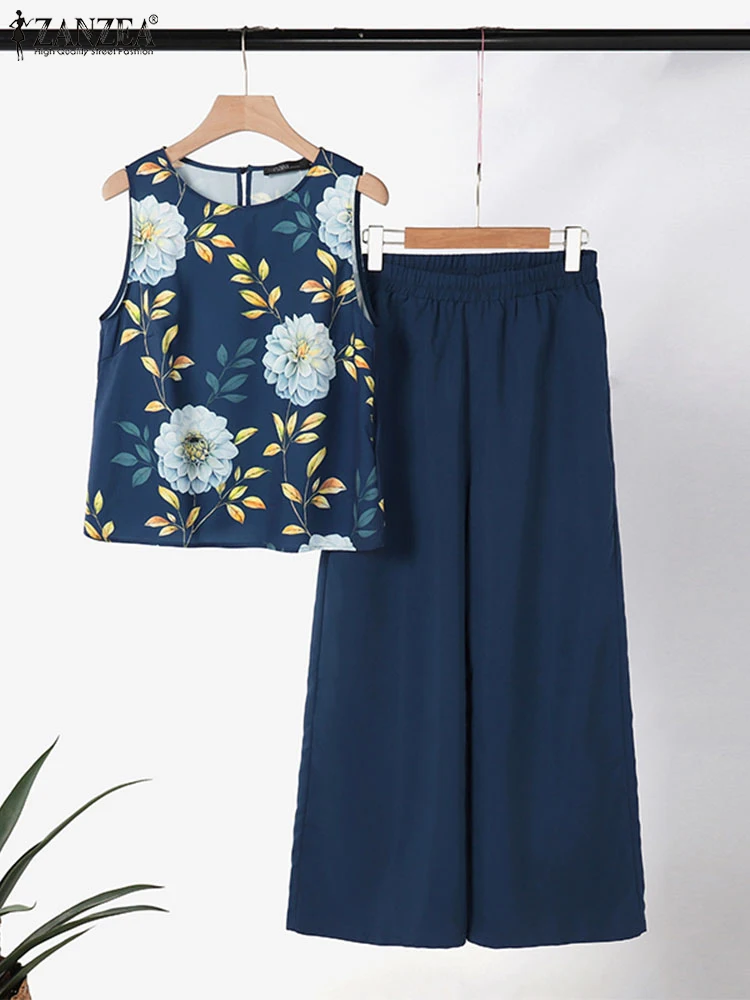 Zanzea Женский Богемный Комплект Брюк С Цветочным Принтом Широкие Брюки Круглым