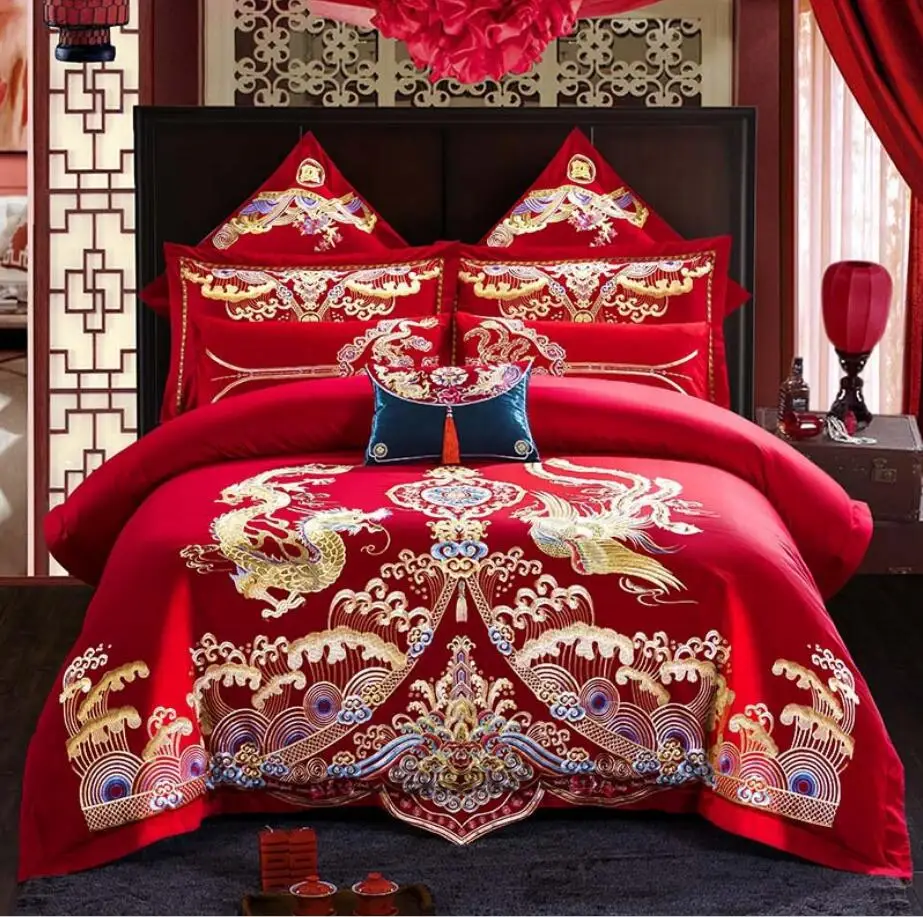 

100% Cotton Bedding Set Luxury Golden Loong Phoenix Embroidery Chinese Wedding Red Duvet Cover Bed Sheet Pillowcases 4/6pcs