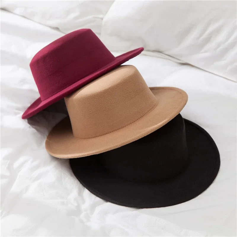 

Flat Top Fedoras Hats for Women Solid Color Imitation Woolen Jazz Cap Elegant British Wide Brim Ladies Caps Bowler Hats