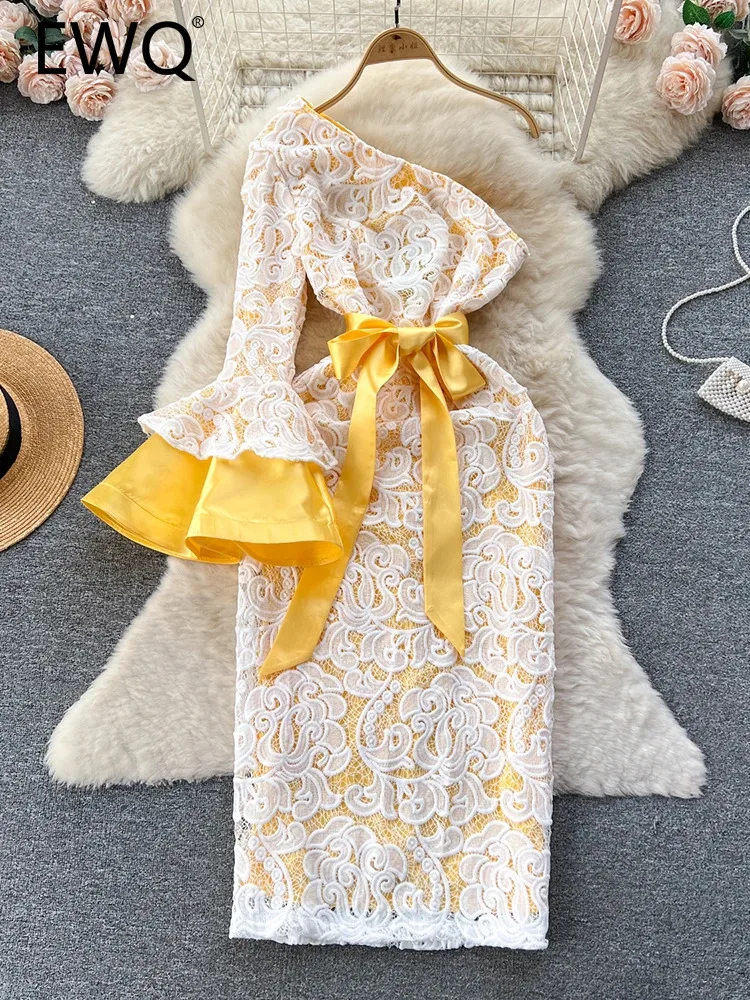 

EWQ Sweet Style Women's Dress Diagonal Collar Flare Long Sleeve Bandage High Waist A-line Dresses Winter Spring 2024 New SN4970