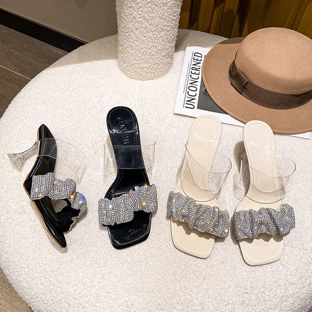 2022 New Summer Rhinestone Transparent Sandals Slippers Square Head High Heels Women Prom Leisure Slim Fit Durable