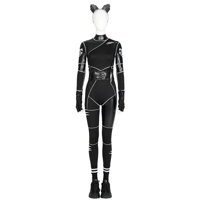 

Wednesday Adams Cosplay Jumpsuit Brazilian Leather Ponte-De-Roma bodysuit Gloves Waistband Belt Headwear 5PCS Set Black Tights