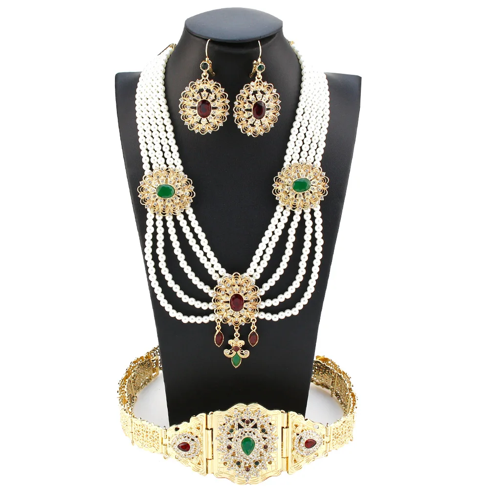 

Sunspicems Morocco Algeria Bride Wedding Jewelry Set Arabic Women Caftan Belt Beads Necklace Hook Earring Resin 18K Gold Color