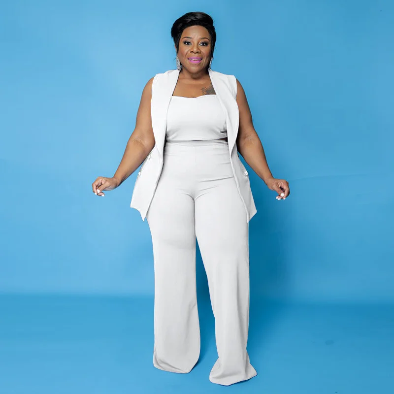 Plus Size Matching Sets Women's Suit  Fat Mm Solid Color Slim Size Women's Summer Three Piece Suit Chic Elegant Woman Pants Set