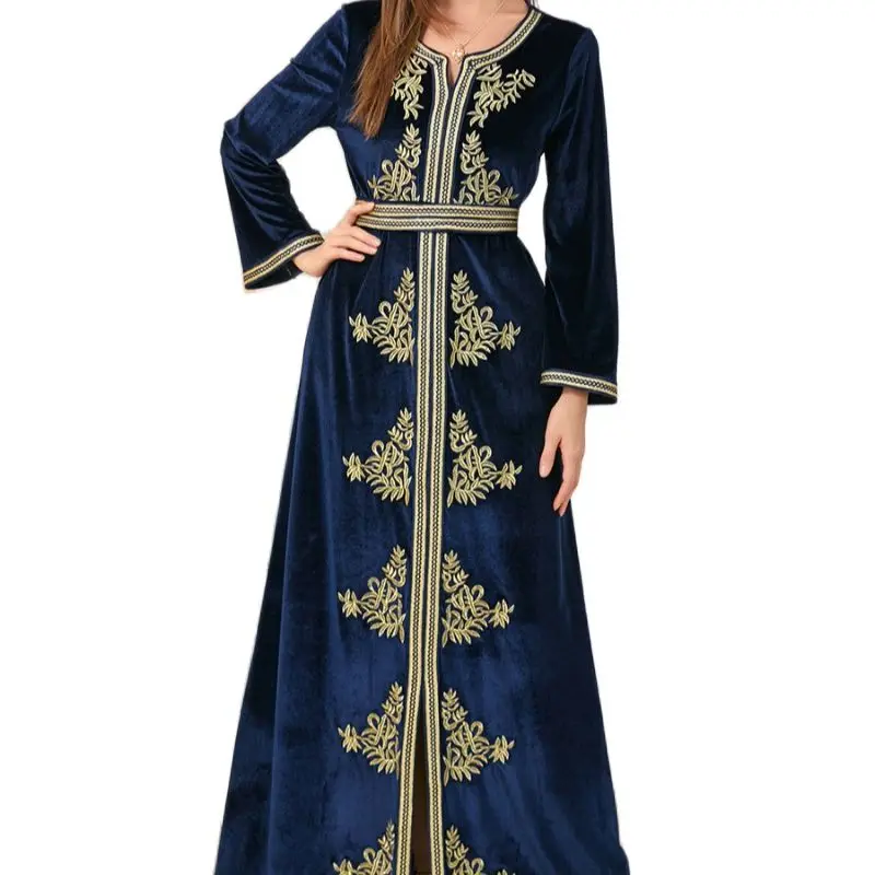 

Dresses For Women 2022 Autumn Winter Velvet Embroidery Long Sleeve Dress Belted Kaftan Split Hem Abaya Muslim Dubai Gowns