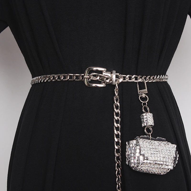 Metal Chain Waist Belt With mIni Bag Rhinstone PU Chest Bag European Fashion Silver Chain Waistband With Coin Bag For Women 2022