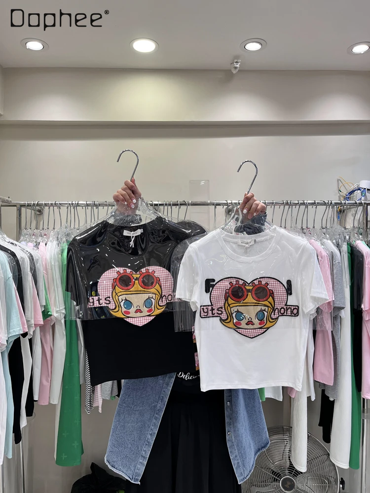 

Woman Cartoon Anime White Crop Tees Tops 2022 Summer New Kawaii Slim-Fit Cotton Short Sleeve Embroidery Short T-shirts for Women