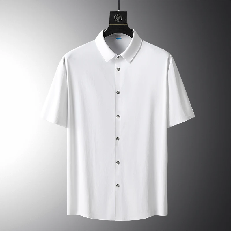 

Large Size 8xl Summer Men's Solid Color Short Sleeved Shirt Oversize Loose Elasticity Casual Black White Quick Dry Silk Shirts