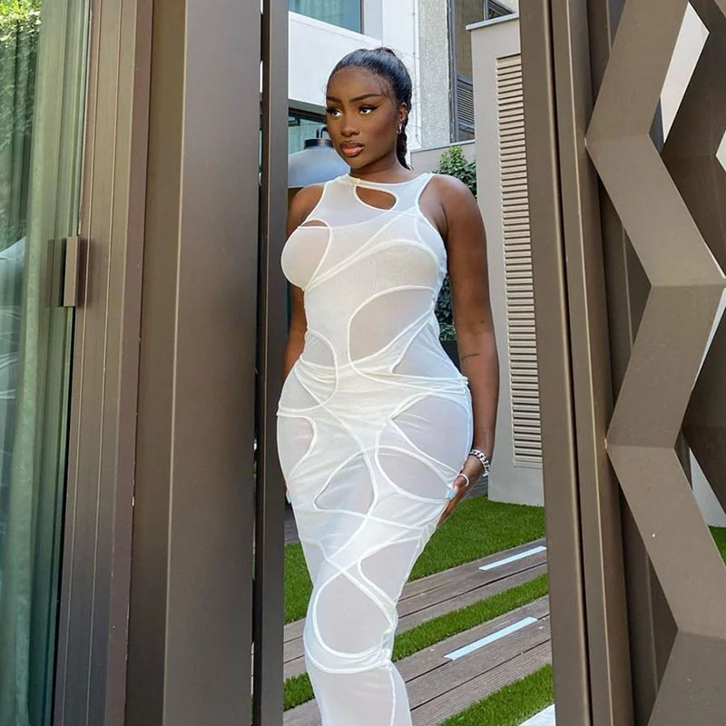 

2022 Summer Sleeveless O-Neck Solid Patchwork Mesh Long Maxi Tank Sexy Bodycon Dress Autumn Women Fashion Party Club Elegant