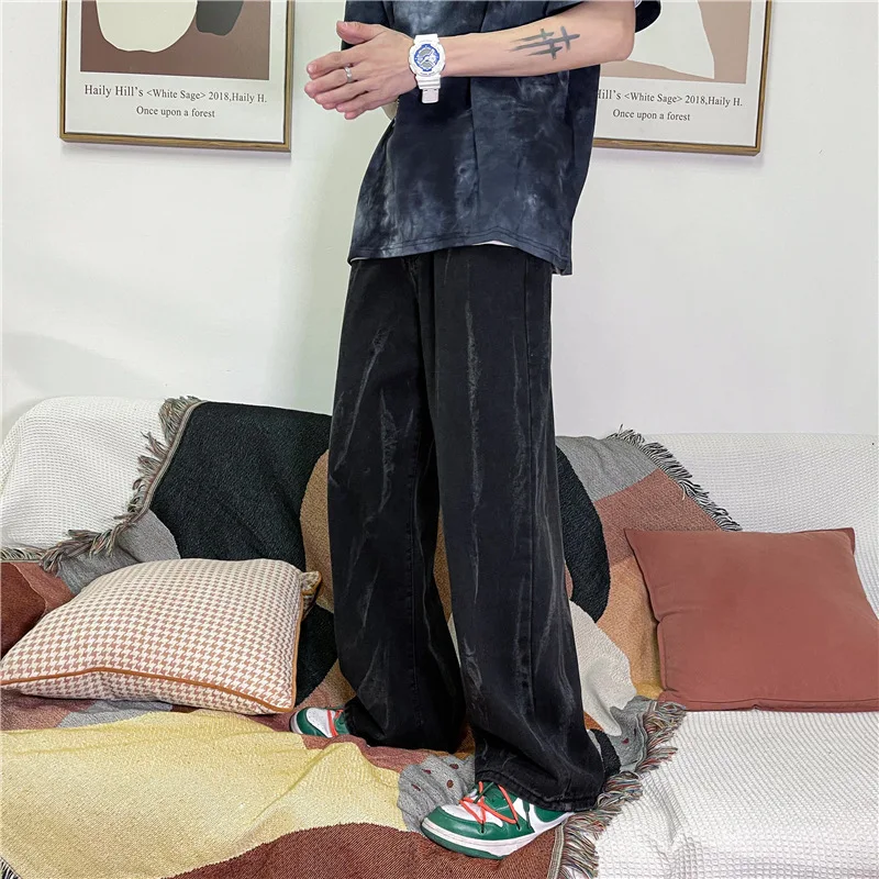 Men's Fashion Wide Leg Pants Baggy Homme Men Denim Trousers Classic Cargo Pocket Jeans Blue Men Casual Pants S-3XL Streetwear