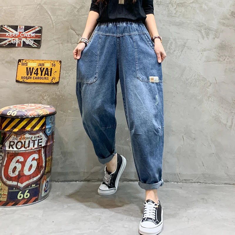 

2022 Spring New Arts Style Women Elastic Waist vintage Blue Loose Jeans all-matched Casual Cotton Denim Harem Pants V943