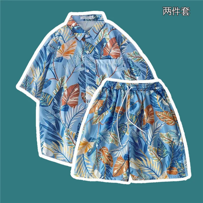Beach Wear Clothes Men Hawaiian Print Shirt Set 2023 Men 2 Piece Set Quick Dry Hawaiian Shirt and Shorts Casual Hawaiian Suits