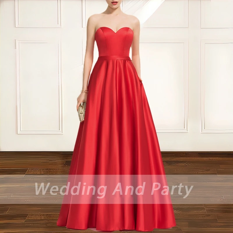 

Women's formal prom evening dress sexy satin strapless A line red black long wedding party dress Plus size Ceremony Dress