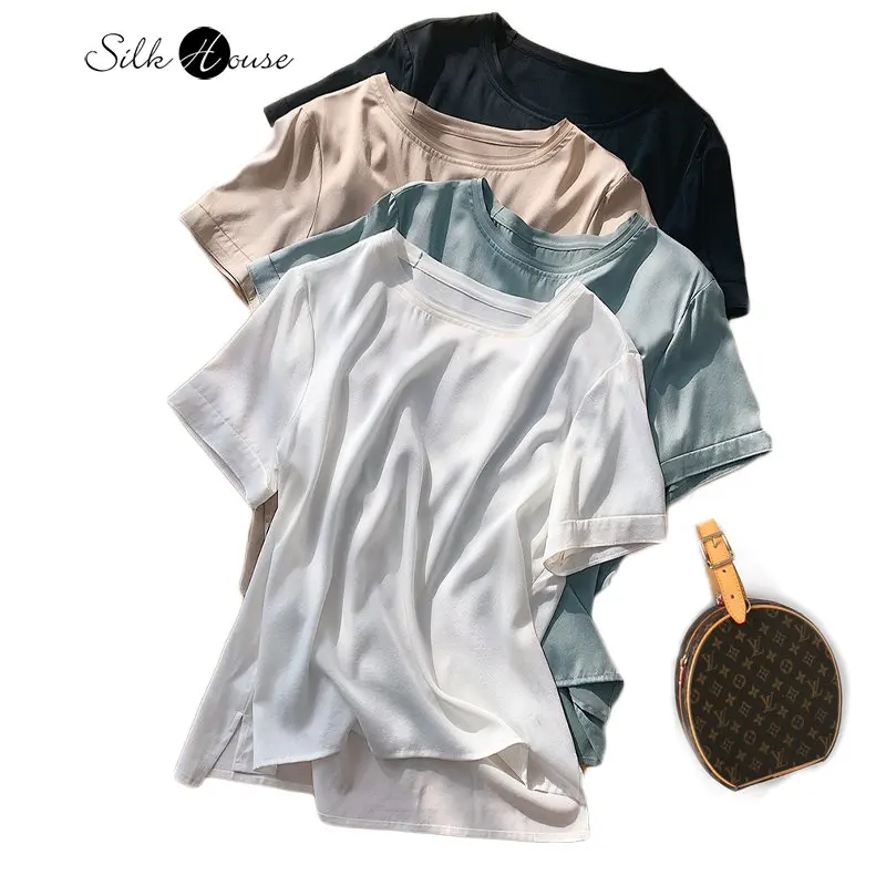 

Sand-washed Fog Soft Waxy Crepe Satin Real Silk Short-sleeved T-shirt Summer Commuting Simple Pure Silk Women's Top