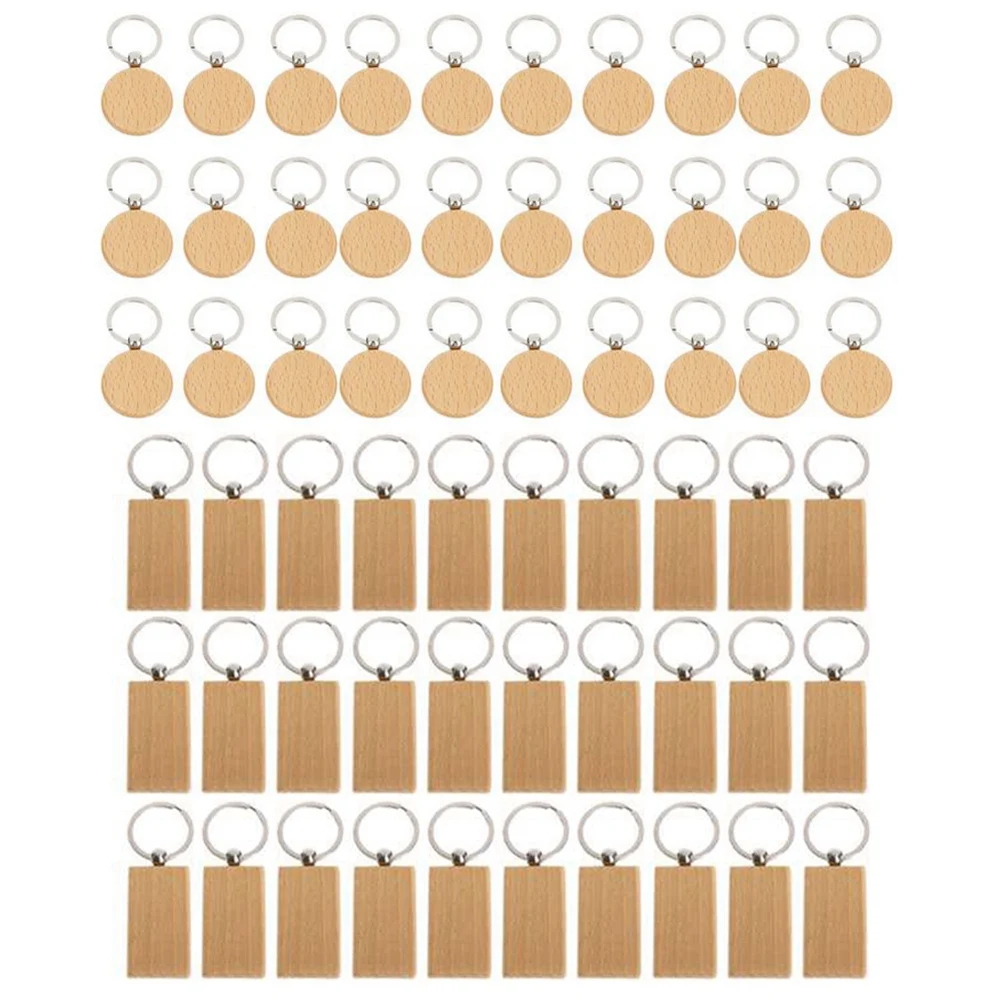 

60Pcs Blank Round Wooden Key Chain DIY Wood Keychains Key Tags Can Engrave DIY Gifts Rectangle +Round Shape