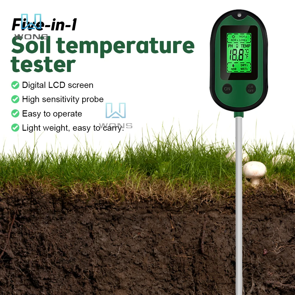 

NEW 5 In 1 Soil PH Meter Sunlight PH Tester Temp Acidity Meter Moisture Testing Tool Humidity Analyzer for Gardening Plants Farm