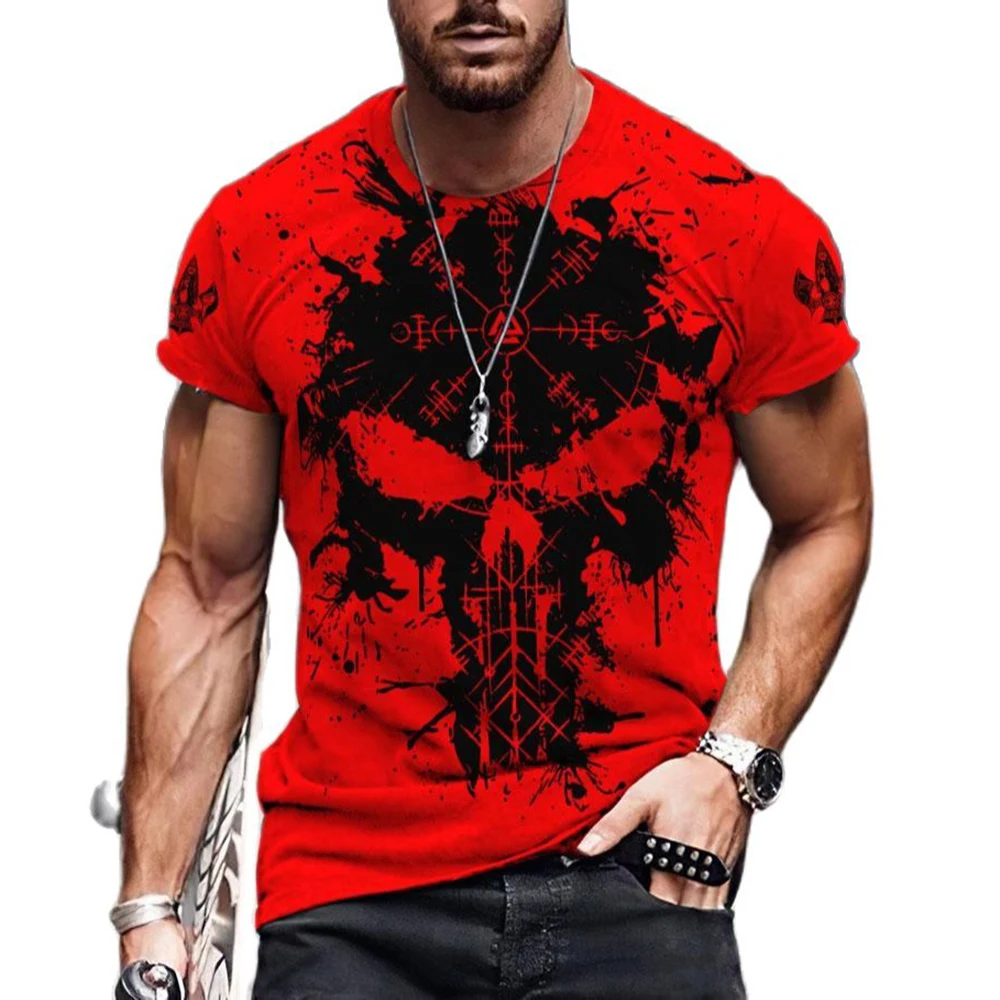 

Viking Symbol Raven Tattoo Red 3d Print Men's T-shirts Summer Casual Round Neck Short Sleeve Tee Shirts Unisex Street Tees Tops