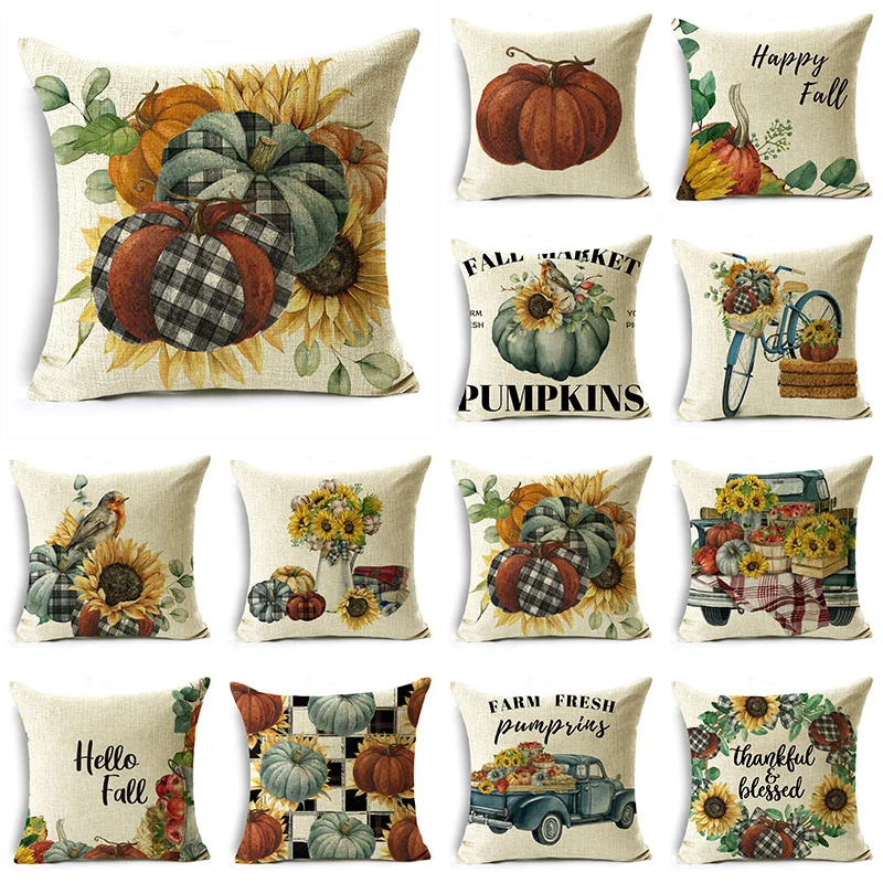 

Retro Pastoral Paid Grey Pumpkin Sunflowers White Throw Pillowcase Cushion Covers For Sofa Office Bedroom Decor Multiple Size