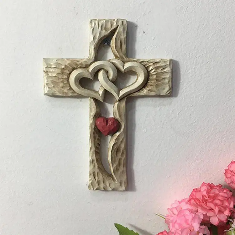 

Jesus Hollowing Out Hearts Shaped Carved Cross Intertwined Wooden Home Office Wall Decoration