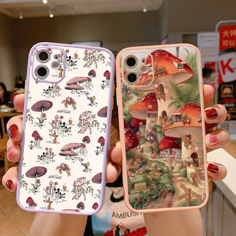 

Cactus and Mushrooms Elegant Phone Case For iPhone 13 12 11 Mini Pro XR XS Max 7 8 Plus X Matte transparent Pink Back Cover
