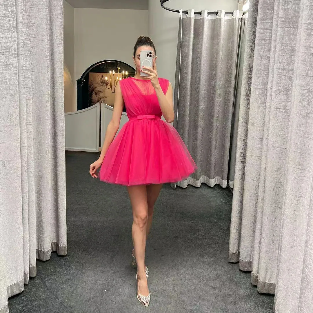 

Sexy Mesh Cocktail Dresses Sleeveless Night Bow Sashes Layered Cake Dress Mini Skirt Night Club Prom Gown Robes De Cocktail