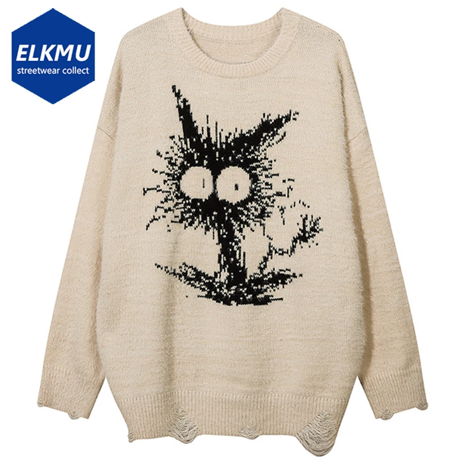 

Мужской свитер в уличном стиле, сезон осень-зима 2023, Свободный вязаный свитер с рваным узором, черный, бежевый пуловер Y2K в стиле хип-хоп