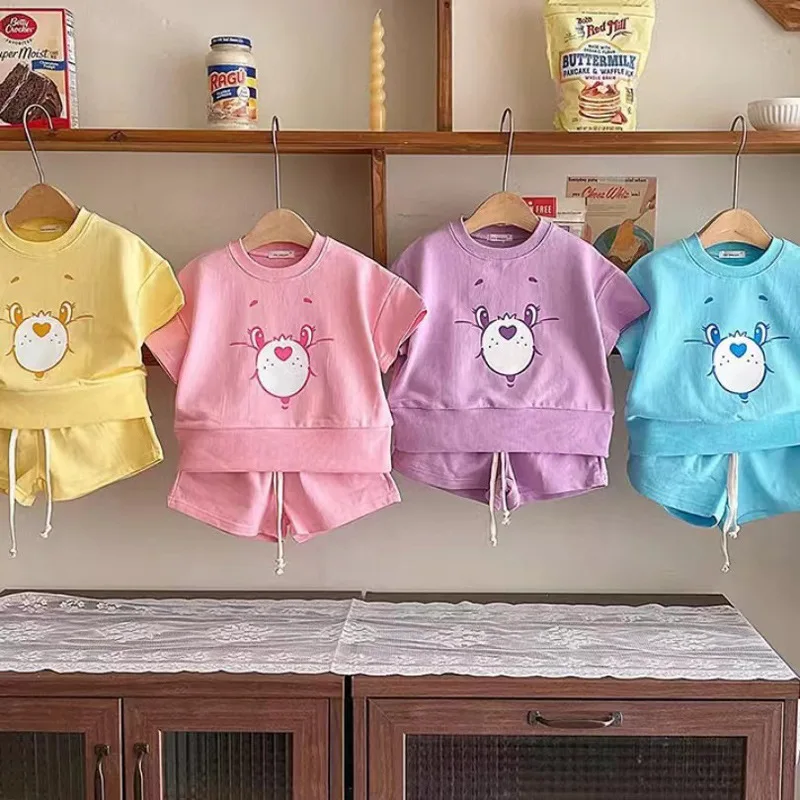

2023 Korean Summer Children Girls 2PCS Clothes Set Cotton Solid Drawstring Shorts Printed Cartoon Mouse Sports Infant Outfits