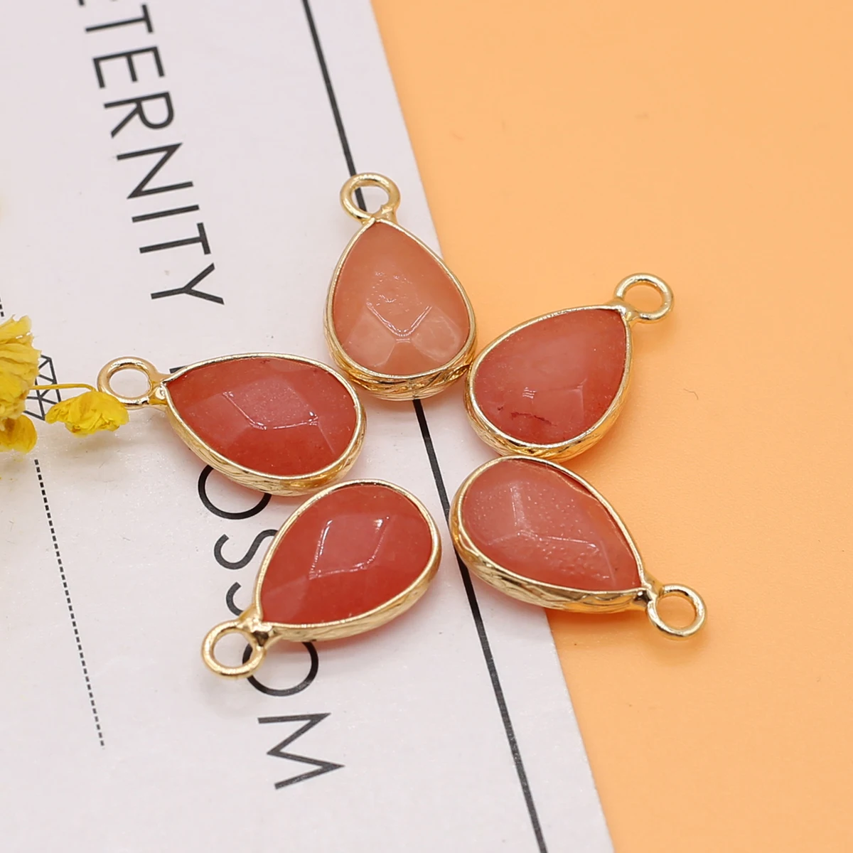 

Natural Stone Pendant Water Drop Shape Gold Edge Rose Red Faceted Agated Pendant for Jewelry Making Necklace Gift for Women