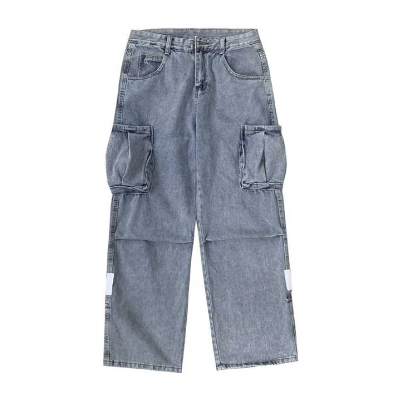 DEEPTOWN Vintage Cargo Jeans Men Baggy Pocket Trousers Male Streetwear Straight Denim Pants Blue Hip Hop Loose Casual Spring