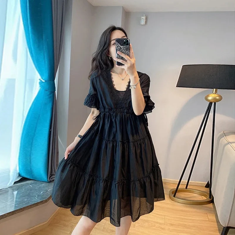 

Модные повседневные свободные праздничные туники, винтажные элегантные пикантные женские черные платья, корейское летнее легкое платье 2022...