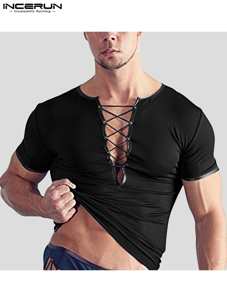 

INCERUN Tops 2022 Casual Fashion Men Stretch T-shirts Stylish Male Hot Sale Cross-strap Needle-eye Short-sleeved Camiseta S-5XL