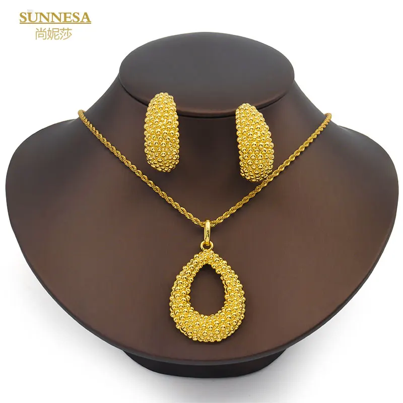 

SUNNESA Geometric Hollow Pendant Unique Necklace Italian 18k Gold Plated Jewelry Set for Women Clip Earrings African Jewellery