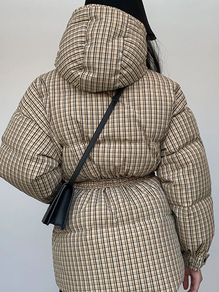 Winter Fashion Plaid Hooded Puffer Jackets Women 2022 Casual Thick Warm Loose Parkas Ladies Cotton Slim Midi Coats Streetwear