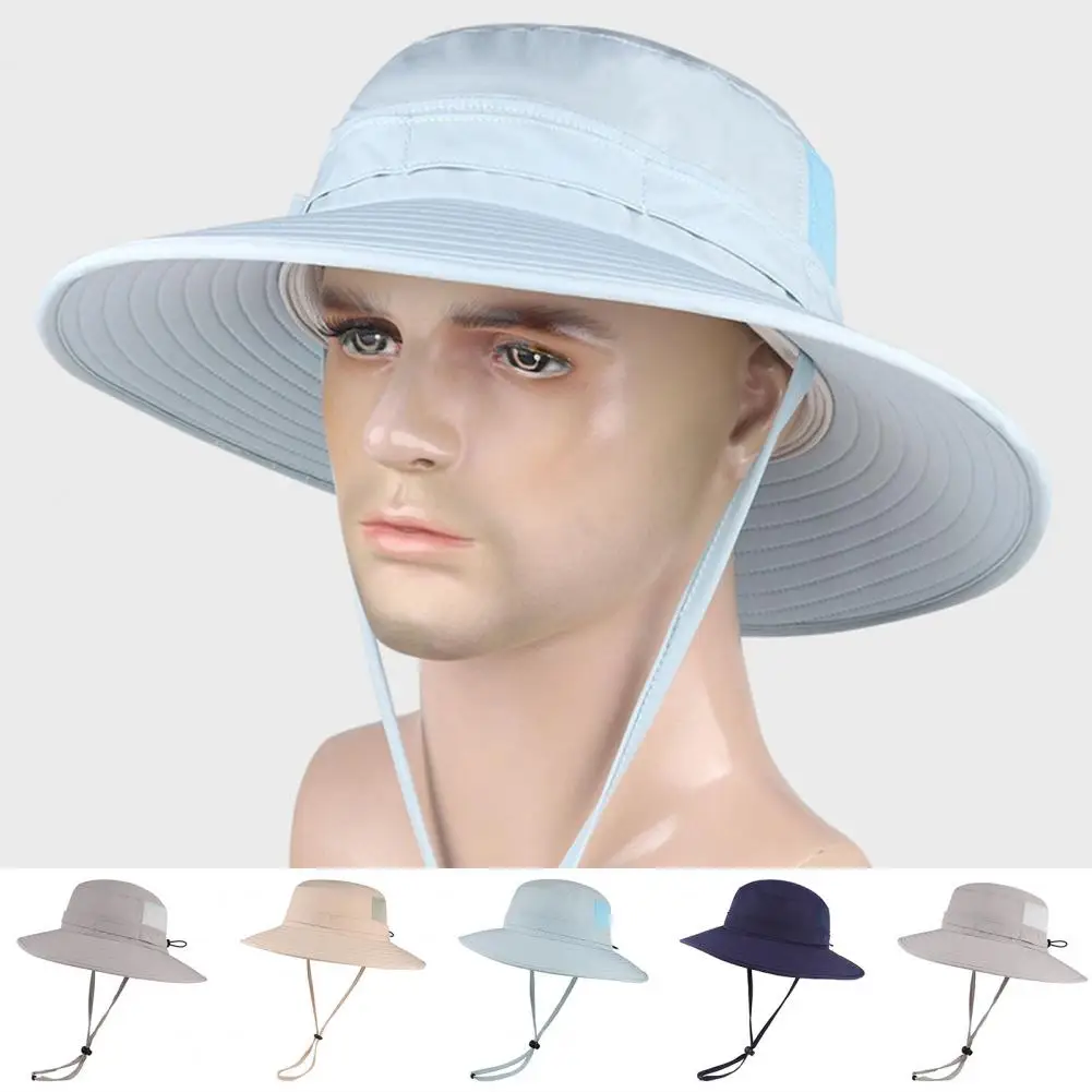 

Mesh Breathable Solid Color Sunscreen Fisherman Hat Summer Men Big Brim Outdoor Sun Protection Bucket Caps 2021
