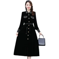 velvet dress womens autumn new fashion temperament lapel stitching lace split single breasted single breasted mid length
