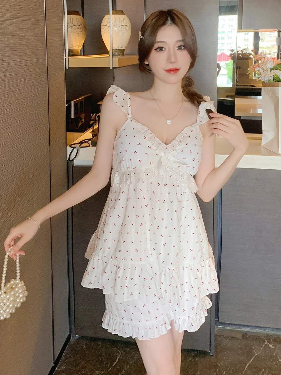 Japanese retro floral cotton pajamas women's summer sexy sling homewear set with chest pad