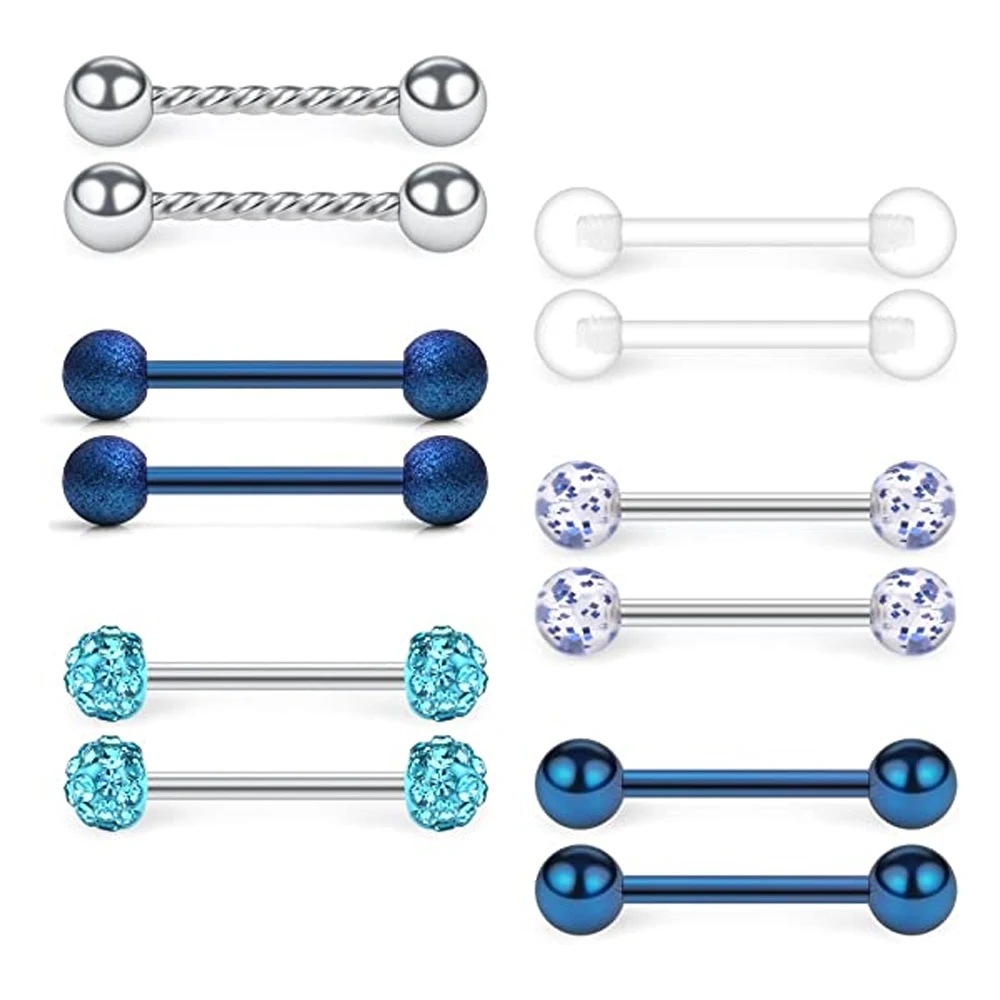 

12PCS 14G Stainless Steel Clear CZ Shield Nipple Ring Tongue Barbell Rings Bars Retainer Body Piercing Jewelry Blue
