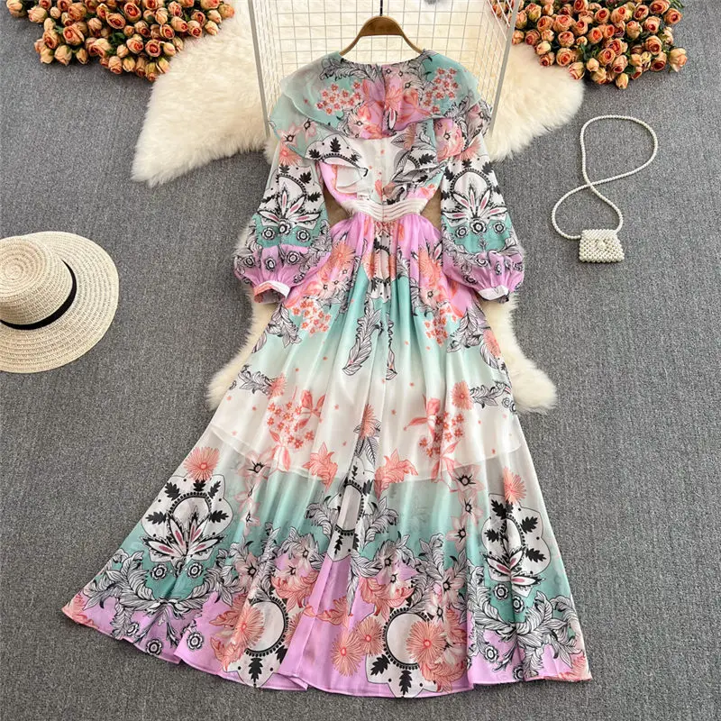 

2022 Spring Ladies Temperament Long Maxi Dress Lantern Sleeve Lotus Leaf V-Neck High Waist Slim Print Dress women Clothing M2296