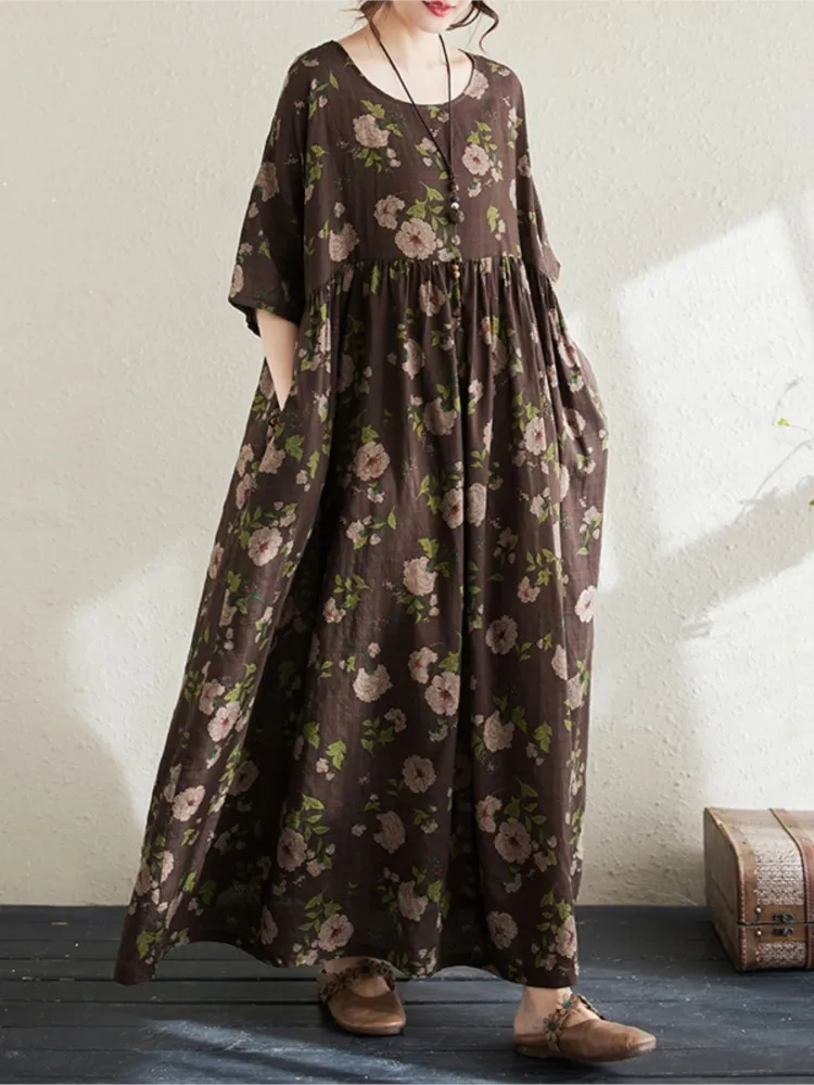 Платье женское длинное свободного кроя с цветочным принтом