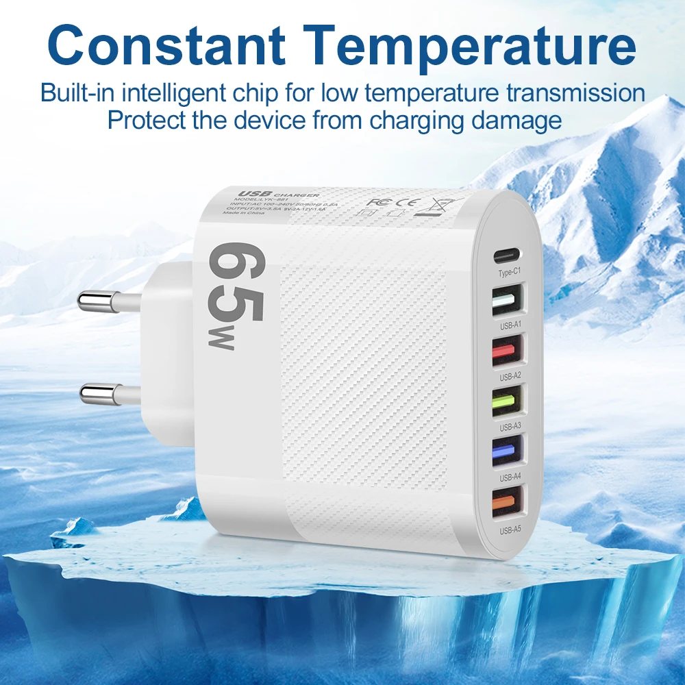 Быстрое Зарядное Устройство USB PD Мощностью 65 Вт С 4 Портами Quick Charge 3.0