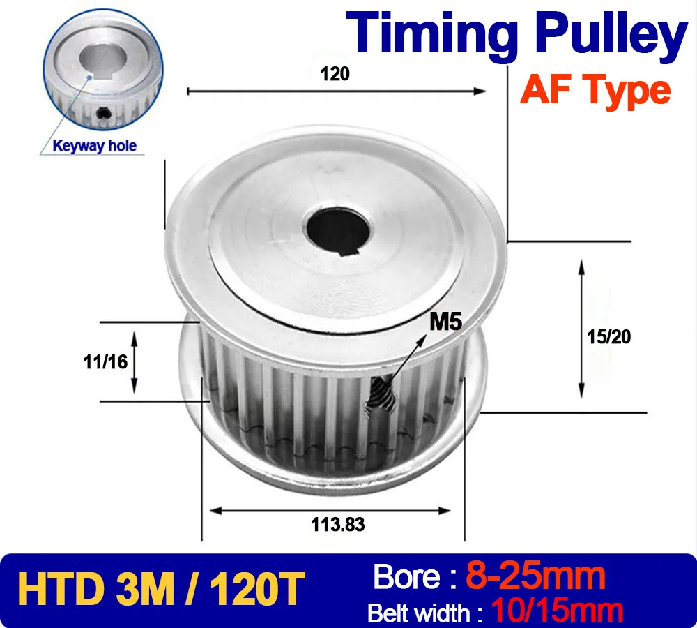 

1PC 120Teeth HTD 3M Timing Pulley Teeth Pitch 3mm Keyway Bore 8mm-25mm For HTD3M Synchronous Belt Width 10/15mm 120T 120 Teeth