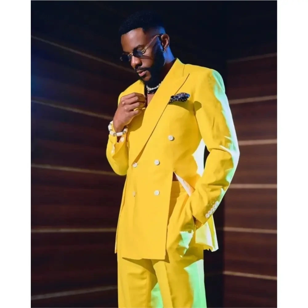 Мужские костюмы с двумя разрезами на животе желтые двубортные блейзеры и брюки