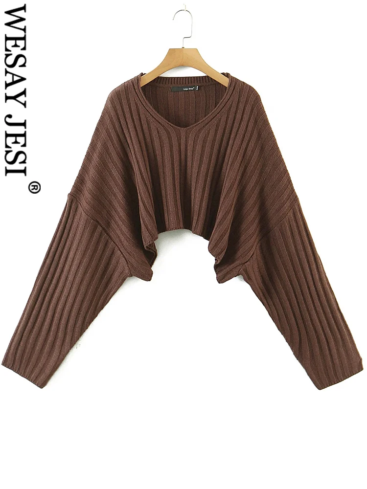 

WESAY JESI New Pullover Knit Brown V-Neck Open Waist Long Sleeve Women's Sweater High Street Fashion Oversized Casual Loose Lady