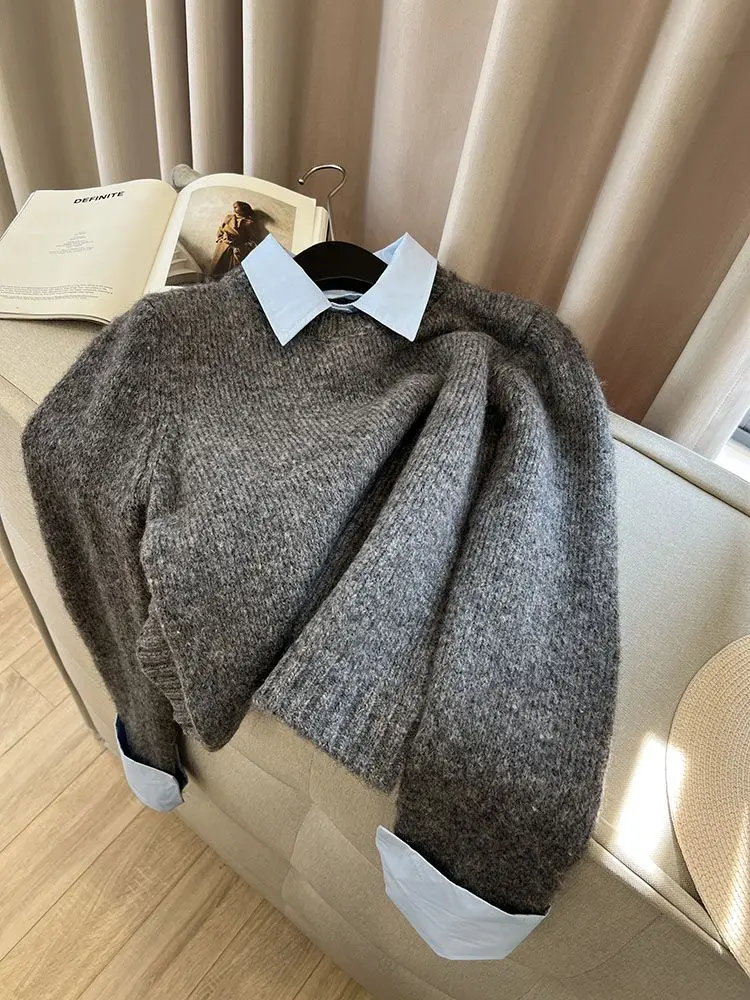 Moyi Yixiu вязаный свитер осенняя рубашка из двух предметов новый стиль контрастный