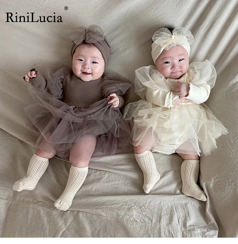

RiniLucia Spring Autumn Princess Toddler Baby Girls Knit Romper Long Sleeve O-neck Bodysuits Solid Mesh Tutu Dress for Girl